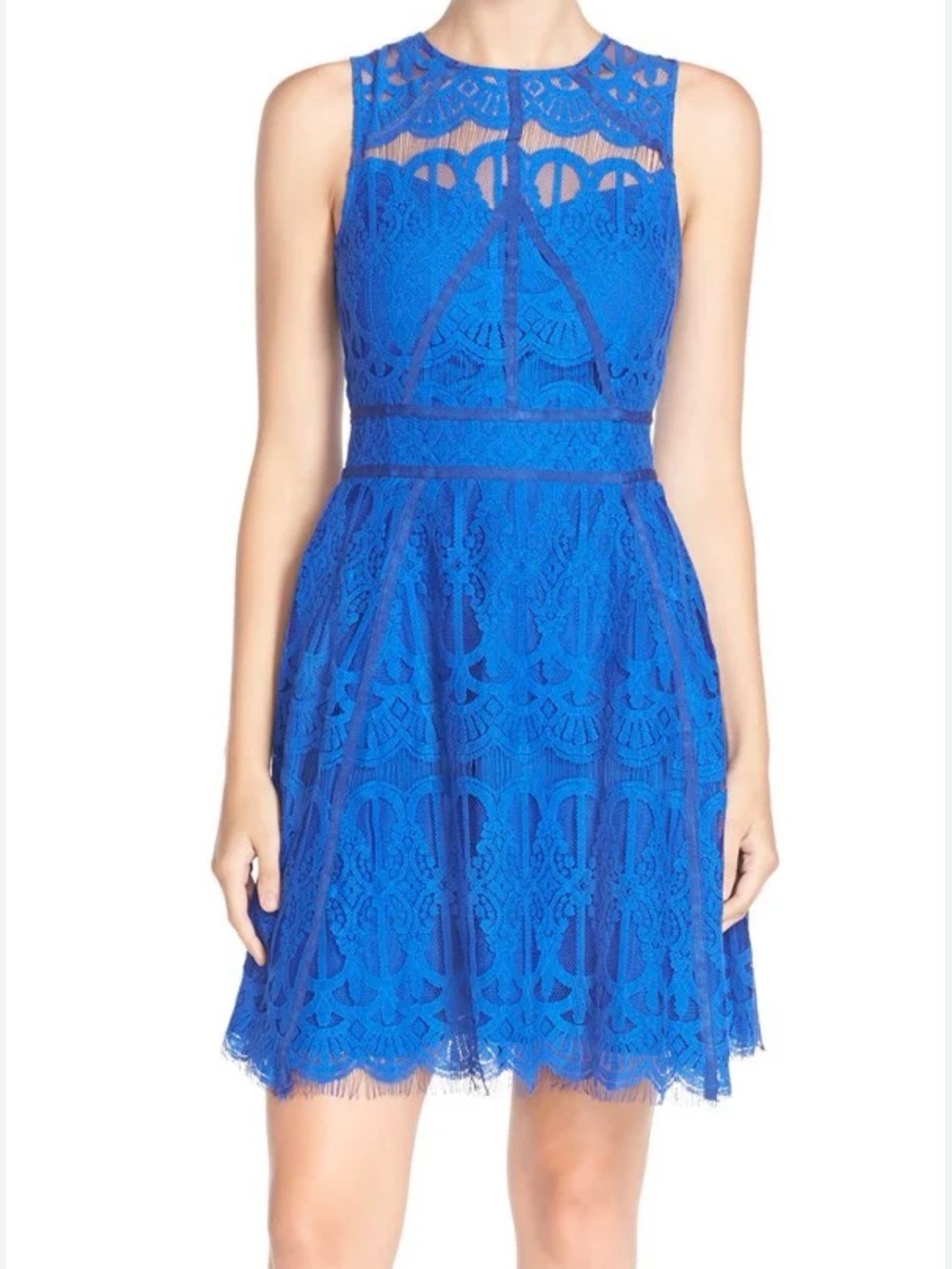 Adelyn Rae Illusion Yoke Lace Fit & Flare Dress Cobalt Blue F56D2140 Medium